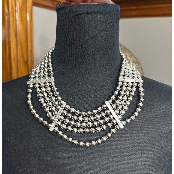 Chico's Necklace NWT Jewlery Statement 21" Adjustable Silver Tone Layered Beads - Picture 1 of 8